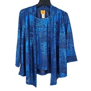 Ruby Rd Blue Metallic 2 in 1 Cardigan & Tank Top Set Petite L Holiday Boho NWOT